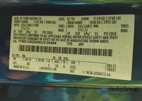 2019 Ford Escape Se from USA, damaged, VIN 1FMCU9GD4KUC36494